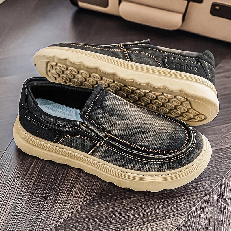 2026 New Men Shoes Canvas Shoes Loafers Vintage Male Casual Shoes Flats Comfortable Fashion Breathable Washed Denim Lazy Loafers