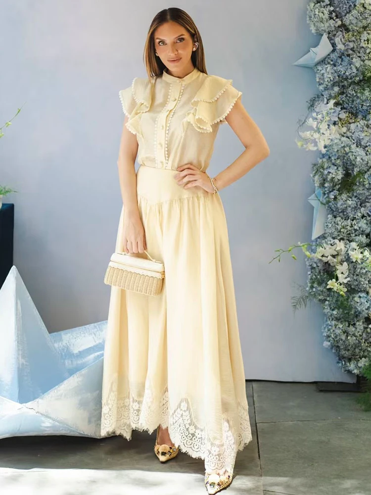 2026 Summer Women's Stand up Collar Stickers Lotus Leaf Sleeve Straight Tube Shirt Two Piece Set+Splicing Lace Half Skirt Set