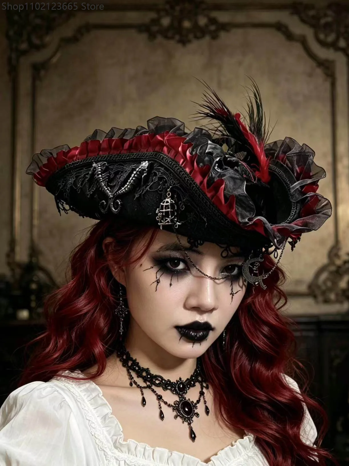 Black Red Rose Viper Pirate Hat Vintage Triangle Hat Halloween CosPlay Pirate Feather Hat Movie Clothing Accessories Headwear