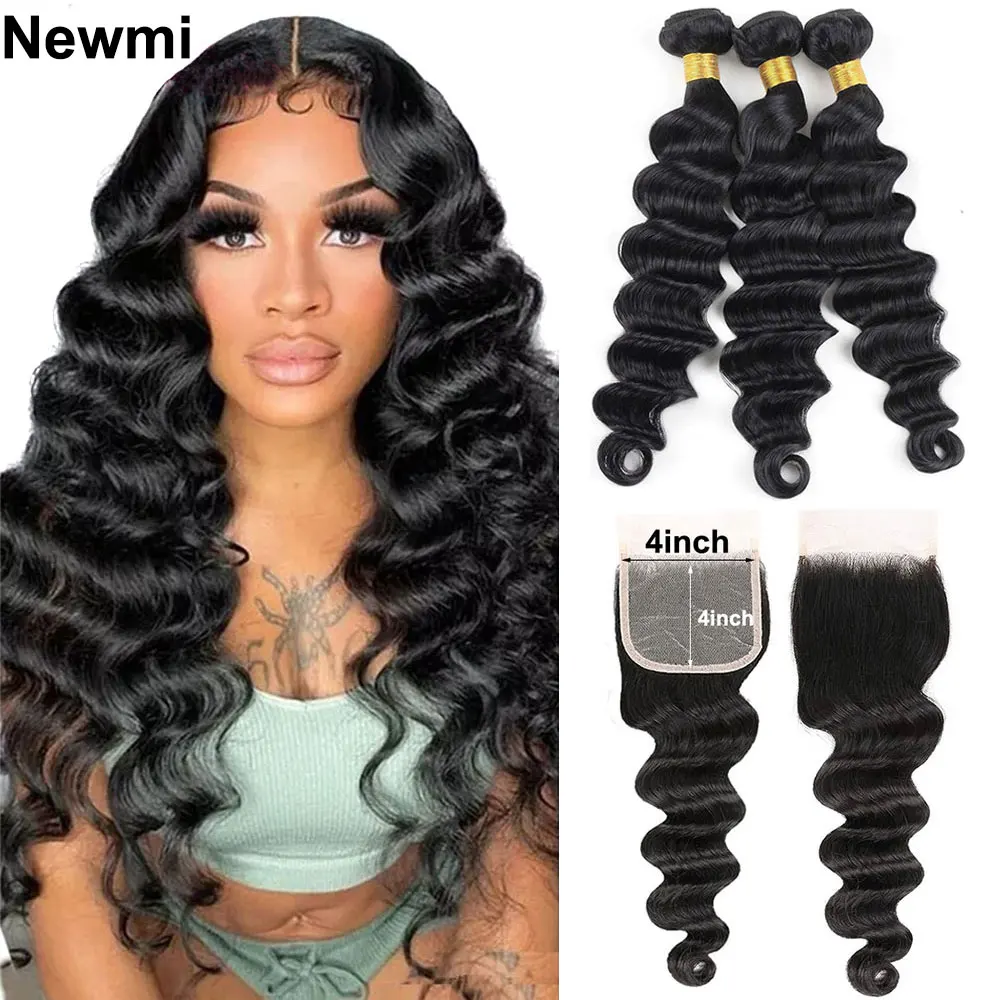 Newmi Loose Deep Wave Bundles with Closure Brazilian Hair Weave Human Hair Bundles with Closure 4x4 Transparent Lace Closure