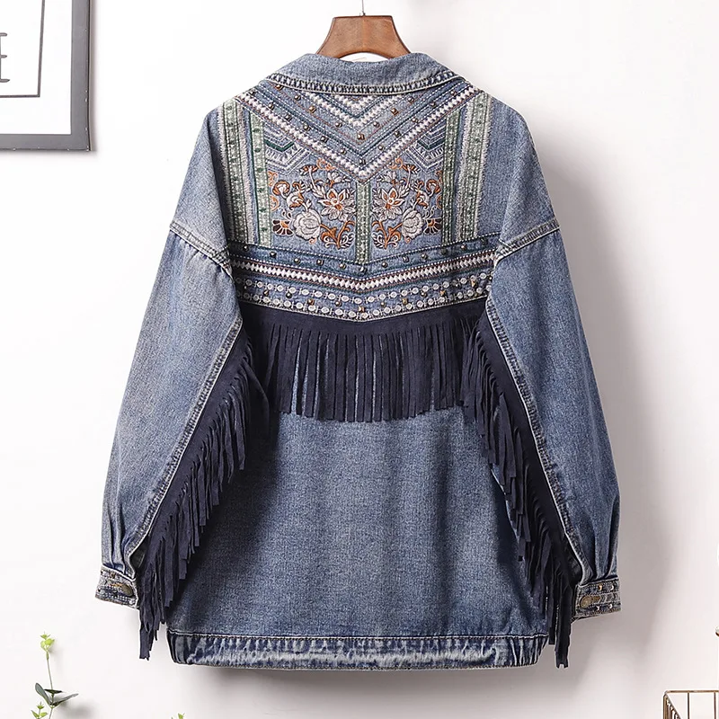 

Denim Jacket Korean Floral Embroidery Suede Fringe Loose Chaquetas Mujer Coat Long Sleeve Outerwear Women Veste Femme