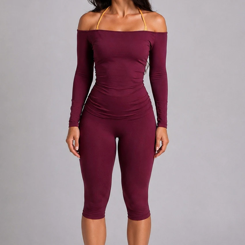 New 2Piece Women Off Shoulder Yoga Long Sleeve T Shirt Tight Quick Dry Activewear For Pilates Training Gym Fitness Sports