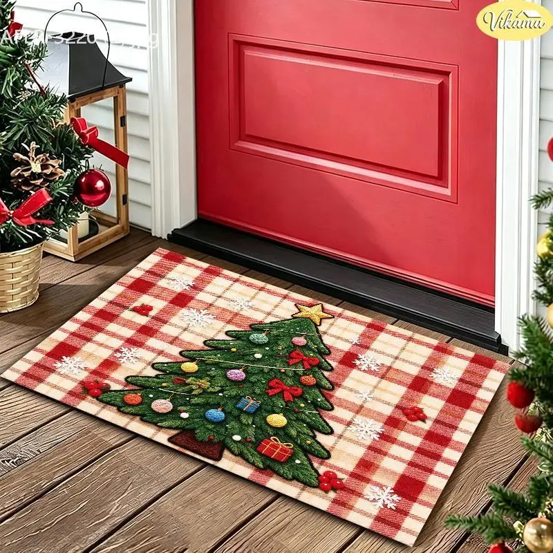 VIKAMA Beige Plaid Christmas Tree Entryway Rug Non Slip Low Profile Mats for Outside Front Door Xmas Holiday Decor Soft