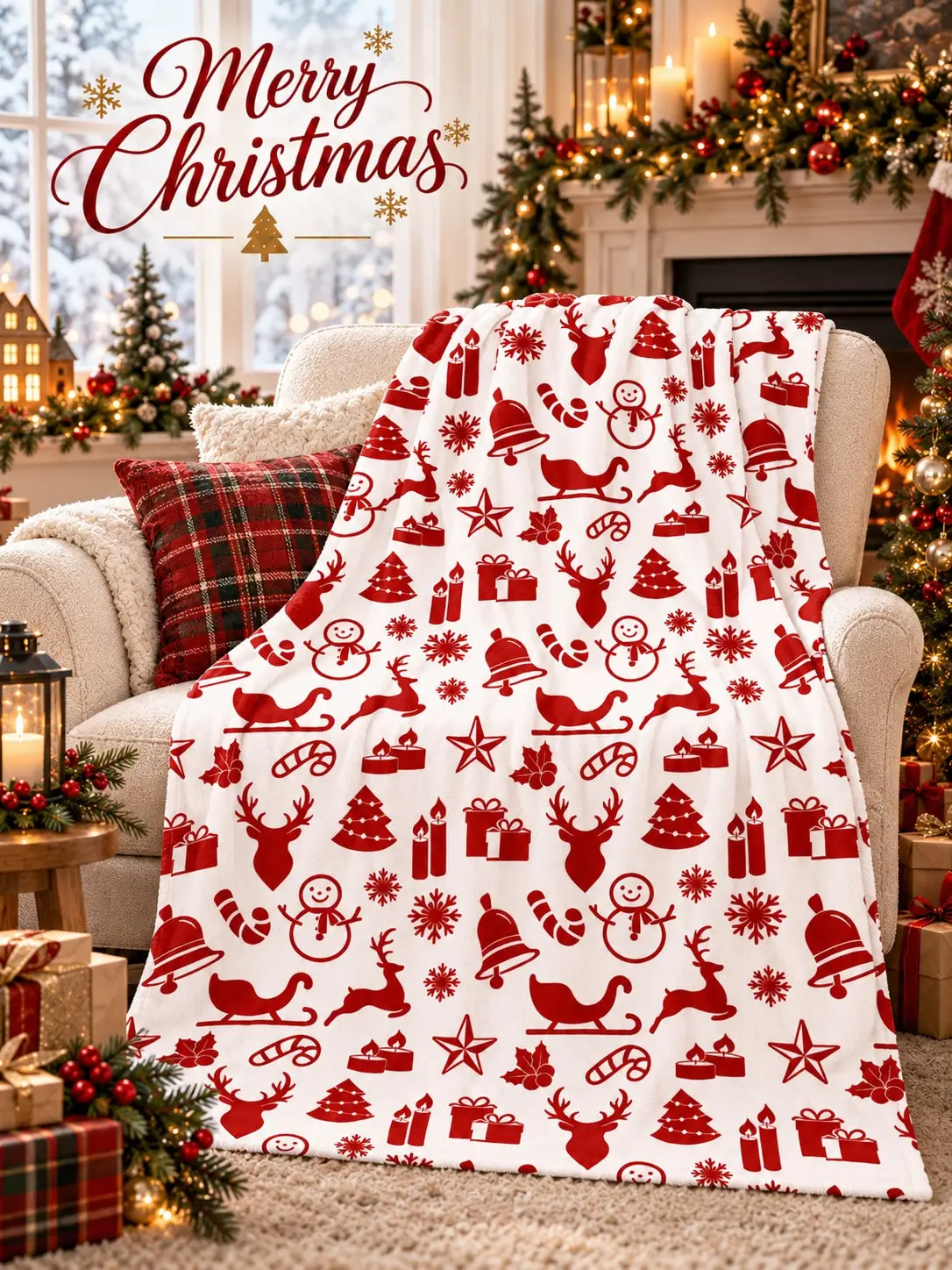 Christmas Flannel Blankets & Throws Reindeer Sleigh Bell Snowman Icons Sofa Bed Couch Nap Home Decor Living Room Bedroom Guestroom Dorm Travel Camping Reading Office Lounge Picnic Family Friends Gift Housewarming Birthday Anniversary Holiday Season