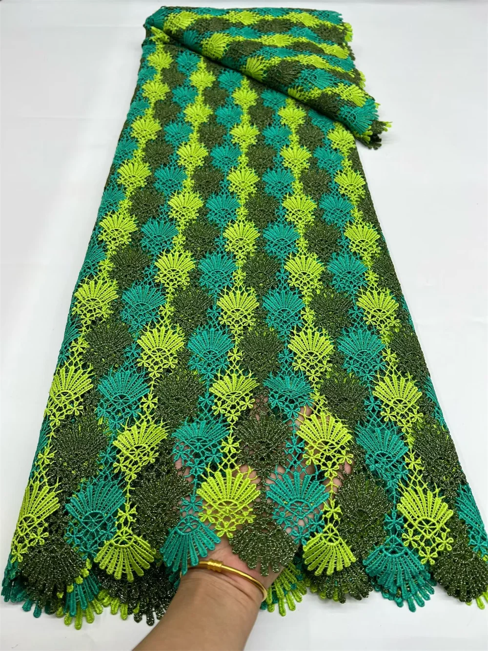 

African Milk Silk Cord Lace Fabric, Water Soluble, Nigerian Guipure Cord Lace for Sewing, High Quality, Green Fabric 2025 Hm12-1