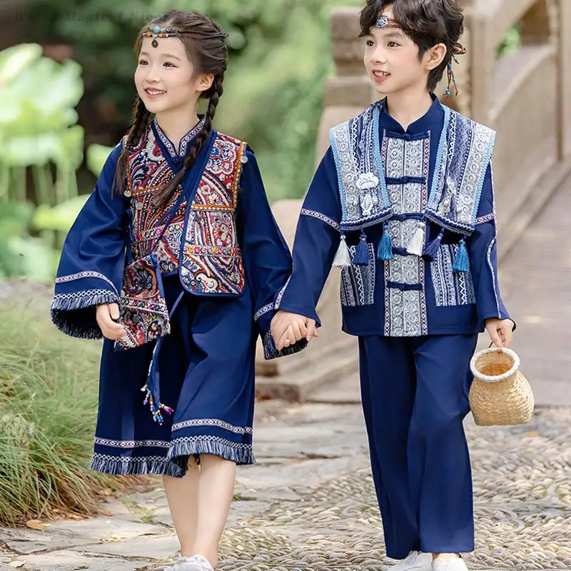 Children's Ethnic Minority Clothing for Boys Girls Hanfu Zhuang Dai Miao Yi Ethnic Style Performance Costumes Retro Tang Suit