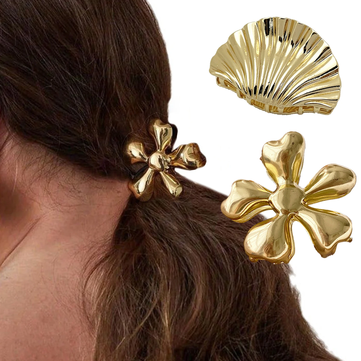 

Golden Shell Claw Clamp Large Metal Hair Claws Flower Hair Clip For Women Girls Fashion Shark Clip Hair Accessories