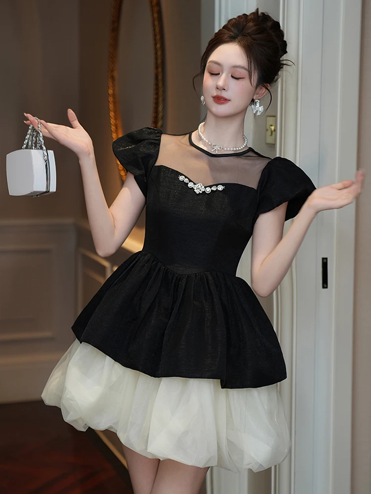น่ารัก Kawaii สีดําชุดวันเกิดผู้หญิงสไตล์ฝรั่งเศสชุดเค้กผู้หญิง SHEER ตาข่าย Splice ชุดเจ้าหญิง Lady PROM Vestidos