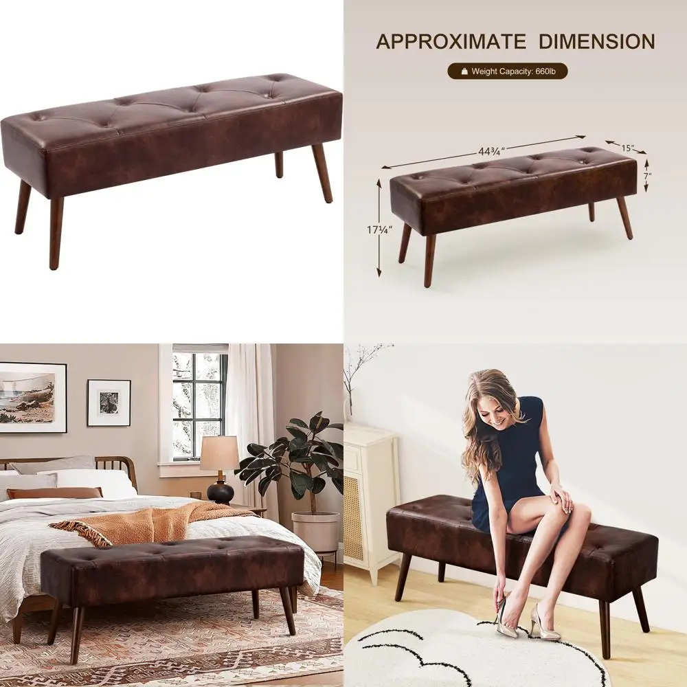 

Оттоманская скамейка Furnimart из искусственной кожи с пуговицами, ножками из массива дерева, идеально подходит для спальни, подставки для ног и столовой