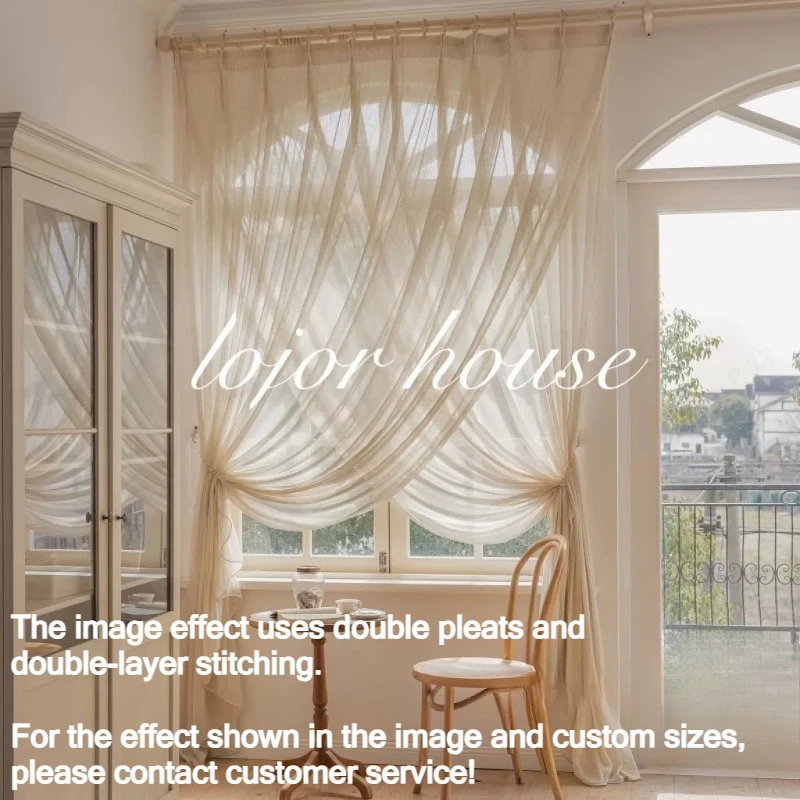 French Overlapping Hooks Cream Linen Yarn White Tulle Sheer Curtains for Living Dining Room Bedroom Window Decor Elegant Modern