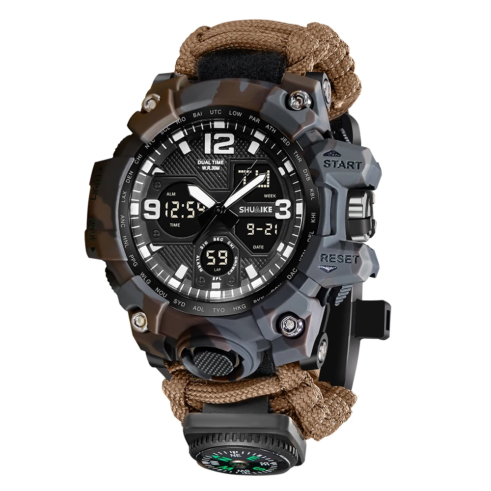 ساعة رياضية عسكرية للرجال ساعة منبه ساعة توقيت LED ضوء خلفي رقمي عرض مزدوج الوقت 827 ساعات رجالية مقاومة للماء
