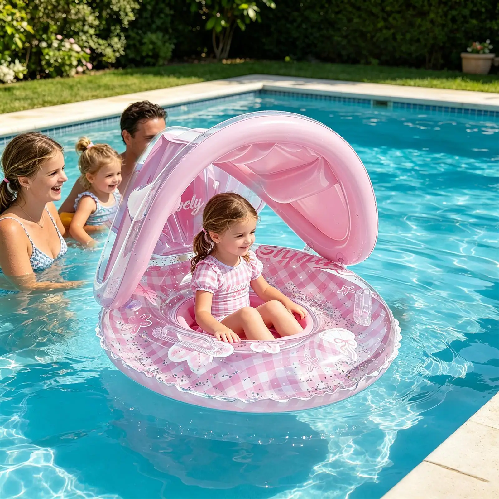 Funny Kids Pool Float with Backrest Cute Swim Ring Canopy for Beach Water Lake Summer Travel Vacation Party Outdoor Swimming