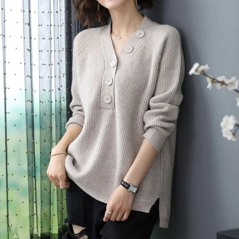 Spring Autumn New Button Patchwork Sweaters Long Sleeve V Neck Loose Solid All-match Pullovers Top Fashion Casual Women Clothing