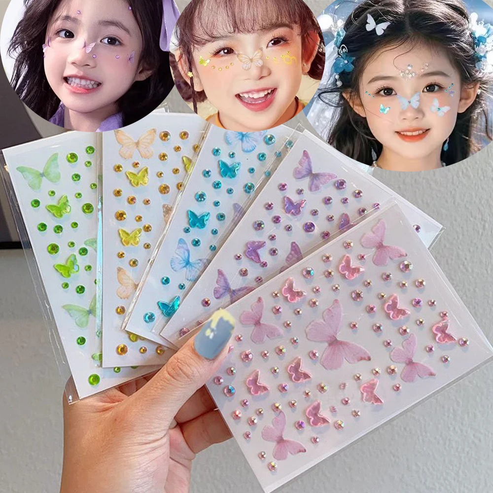 1 Sheet Fairy Butterfly Face Gem Diamond Sticker Self Adhesive DIY Eyes Facial Tattoos for Stage Daily Party Makeup Decoration