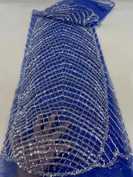 BLUE African Lace Fabric Sequin French Mesh Groom Beaded Lace Fabric High quality for Sewing Women Wedding Party Dresses 5yards