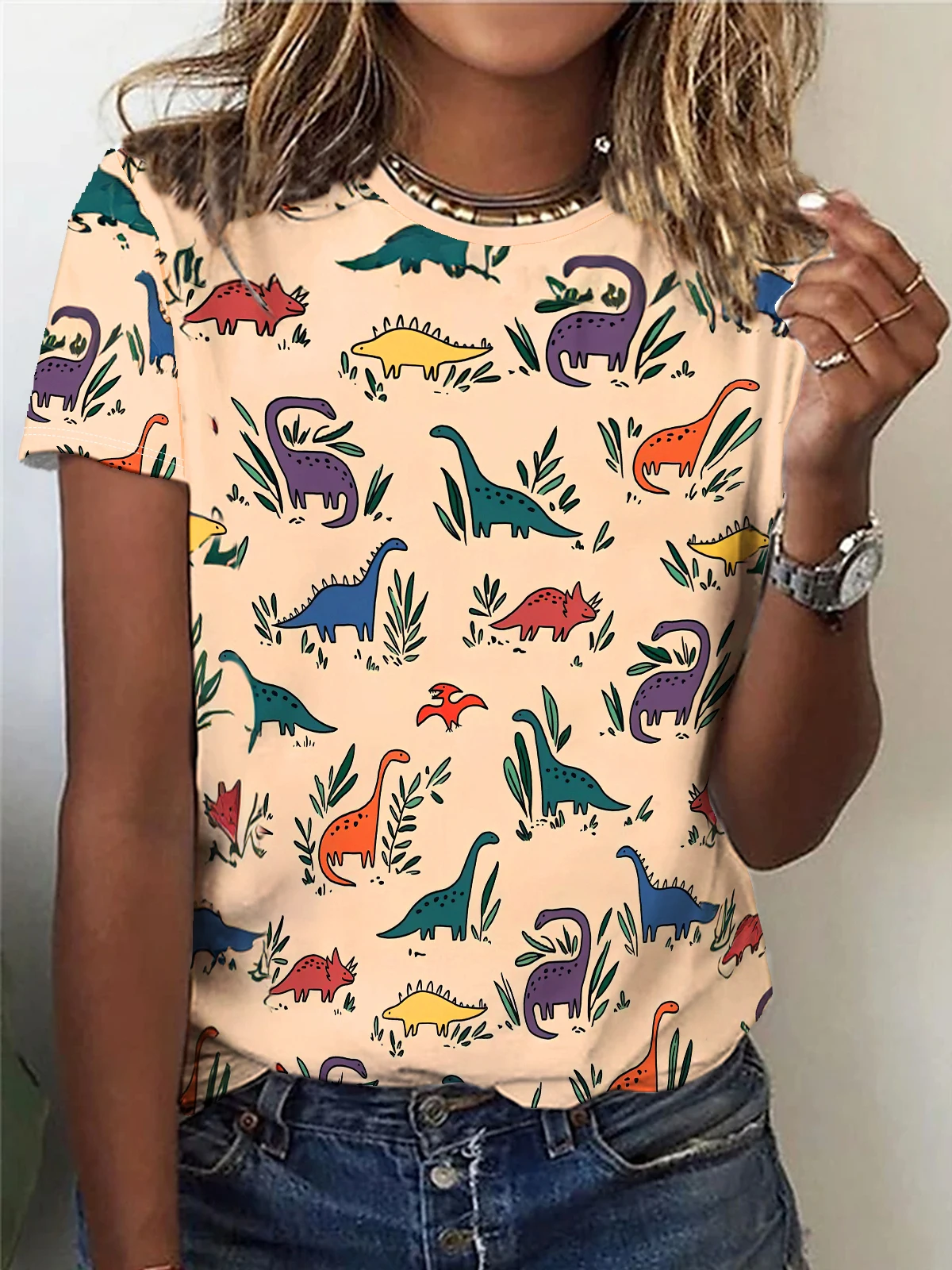 Dinosaur print Print Crew Neck T-Shirt Casual Short Sleeve Top For Spring & Summer Women\'s Clothing