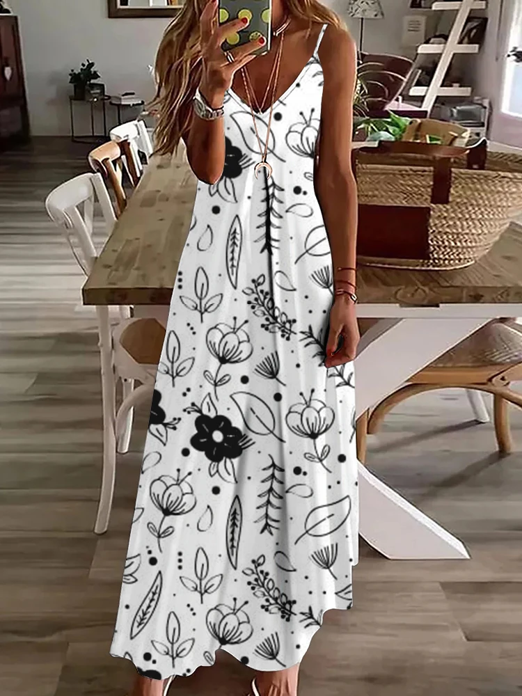 

Summer Daily Casual Women's Flower And Leaf Print Elegant Long Dress Urban Street Women's Fashion Sleeveless Dress With Halter