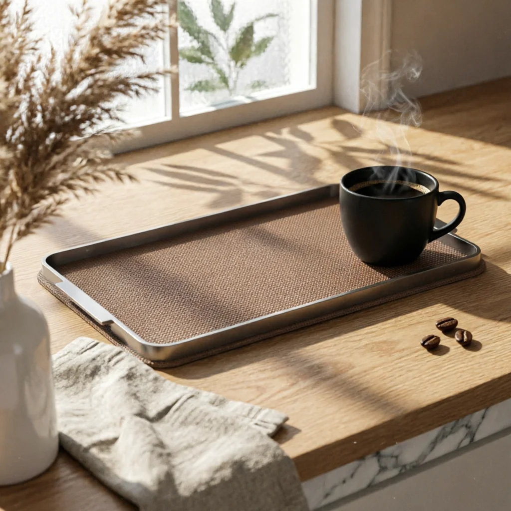 Tray with Metal Rim Sturdy Tray with Woven Base Farmhouse Natural for Coffee Table, Vanity