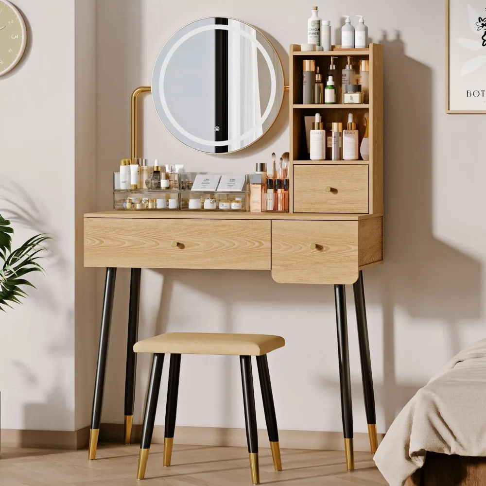 

Makeup Vanity Desk with Round Mirror and Lights, ModernVanity Table with 3 Drawers,Shelves,Dressing Table Set with Chair for Bed