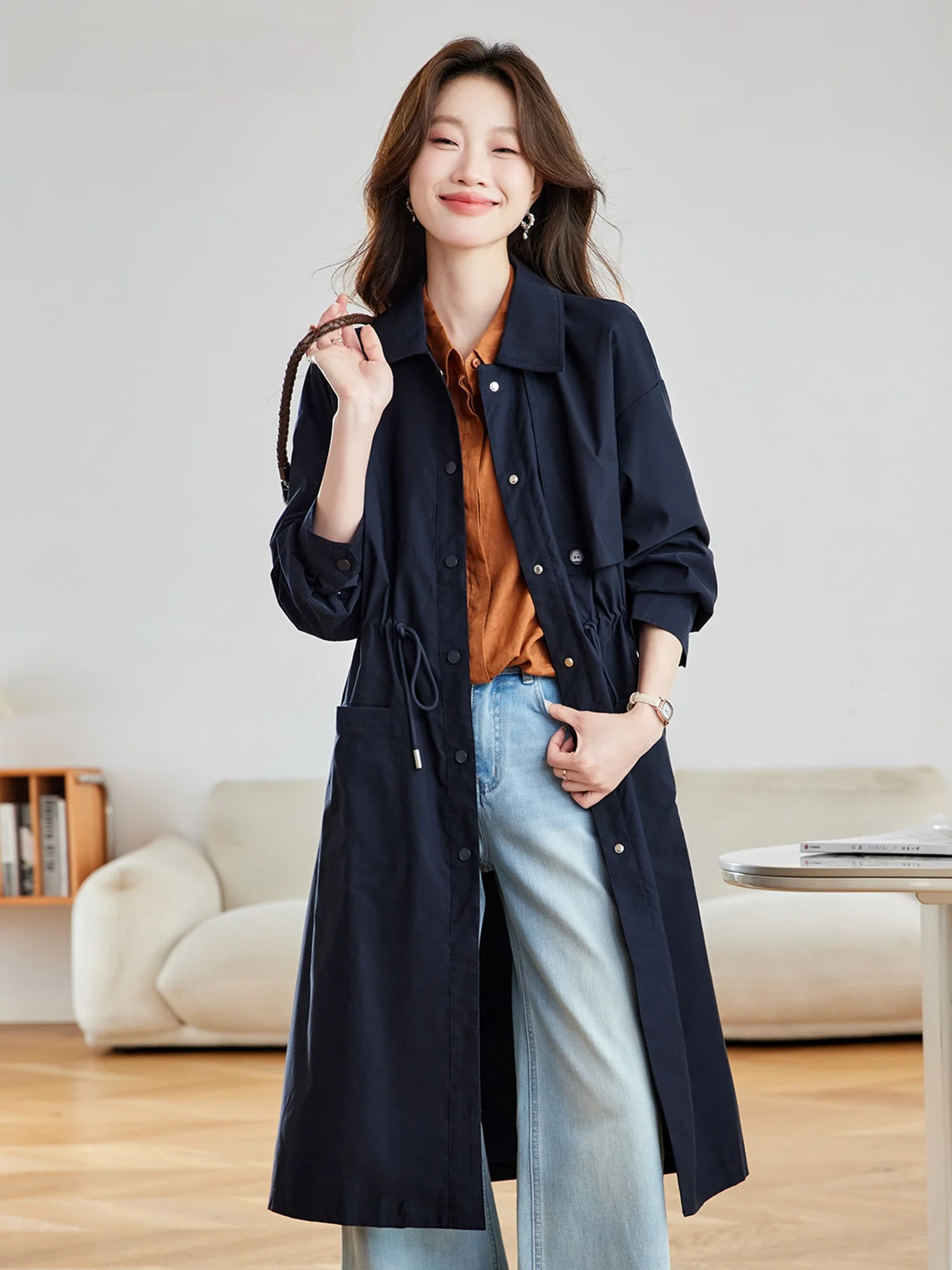 

La Chapelle Women's Long Casual Coat with kets Dstring Collar Loose Fit Autumn 2025 Faion Polyester Viscose Blend