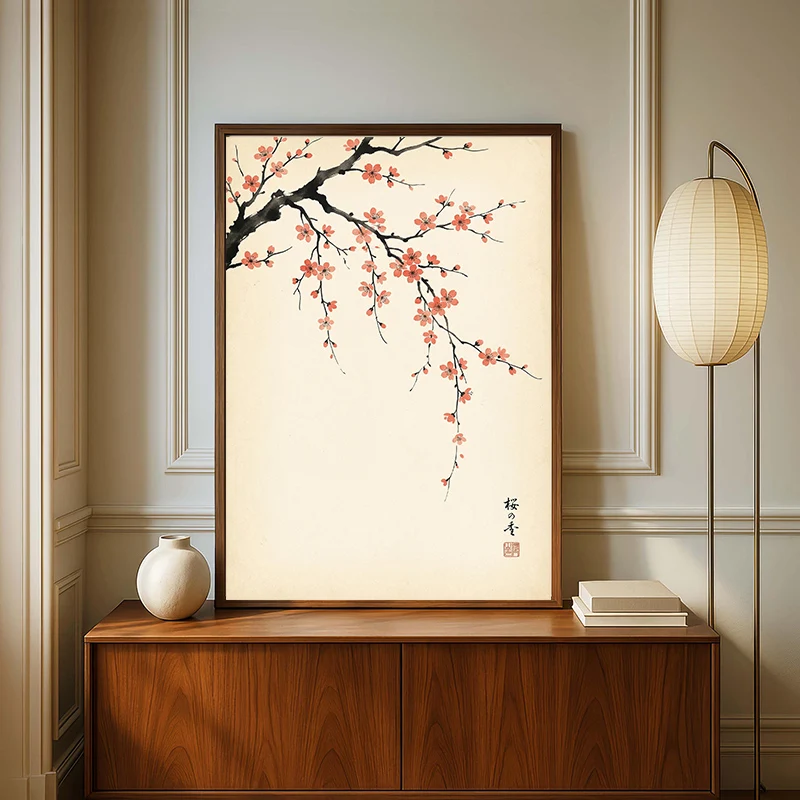 Japanese Cherry Blossom Poster Canvas Painting Wall Art Vintage Neutral Japandi for Living Room Home Decor Cuadros