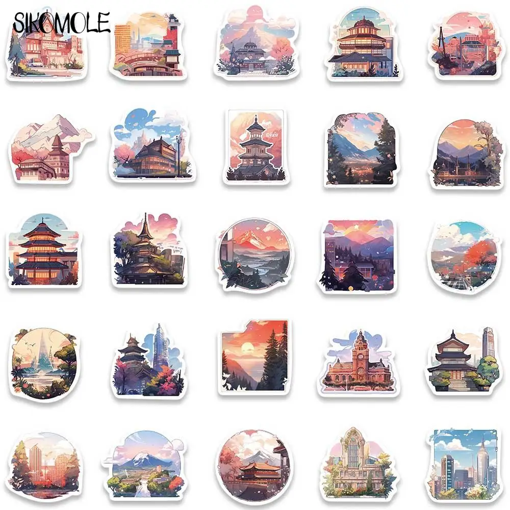 10/30/50PCS Anime Ins Wind Landscape Cartoon Building Stickers For Children DIY Suitcase Skateboard Laptop Luggage Sticker Decal