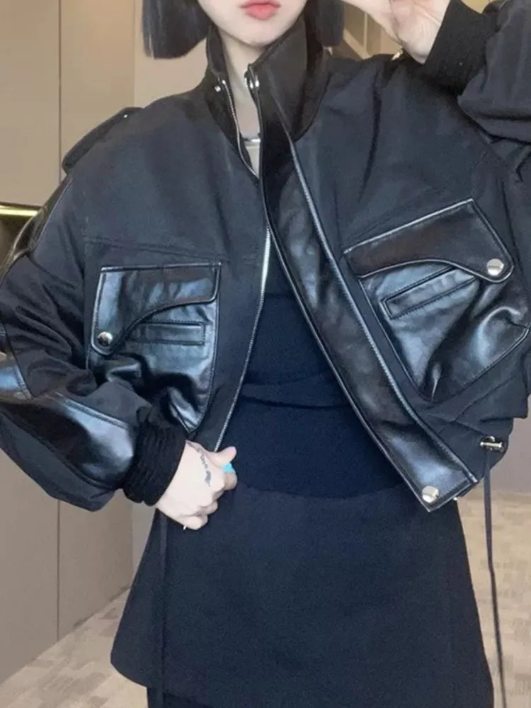 New Fashion Women Spring Real Sheepskin Spliced Jacket Loose Fit Versatile Casual Jacket Stand Collar Windproof Motorcycle Coat