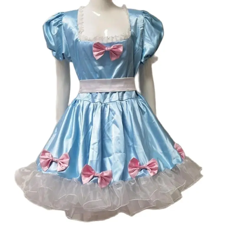 

Multicolor Adult Giant Baby Sexy Girl Blue Open Breast Satin Dress Pink Bowtie Sissy Makeup Ball Maid Gothic Role Playing