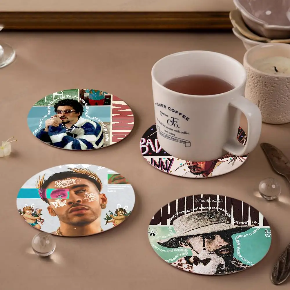 Popular B-Bad B-Bunny Singer Retro Wooden Cup Mats Elements Colour Printing Cup Coasters Home Kitchen Decora Gifts