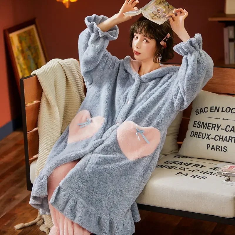 Winter Flannel Pajamas Sets For Women Cute Rabbit Ears Hooded Nightgown Thicken Warm Sleepwear Sweet Girls Pyjamas Sleep Dress