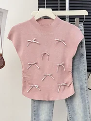 3d Bowknopen Gebreide Crop Tops Meisjes Vroege Herfst Zoete T-Shirts Onregelmatige Zoom Korte Mouw Dunne Trui T-Stukken Hoge Stretch