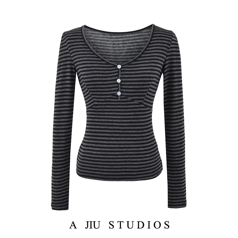 

Slim Fit Striped V-Ne Long Sve T-irt Women's Autumn Waist-Cinching Base irt Thinming Top Casual Sle Regular Sve