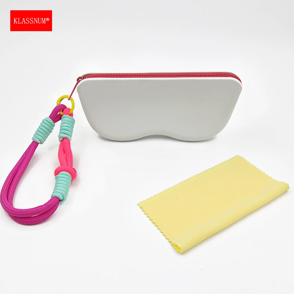 KLASSNUM Soft Silicone Glasses Pouch with Braided Wrist Strap Wiping Cloth Children Women Portable Protective Sunglasses Bag New