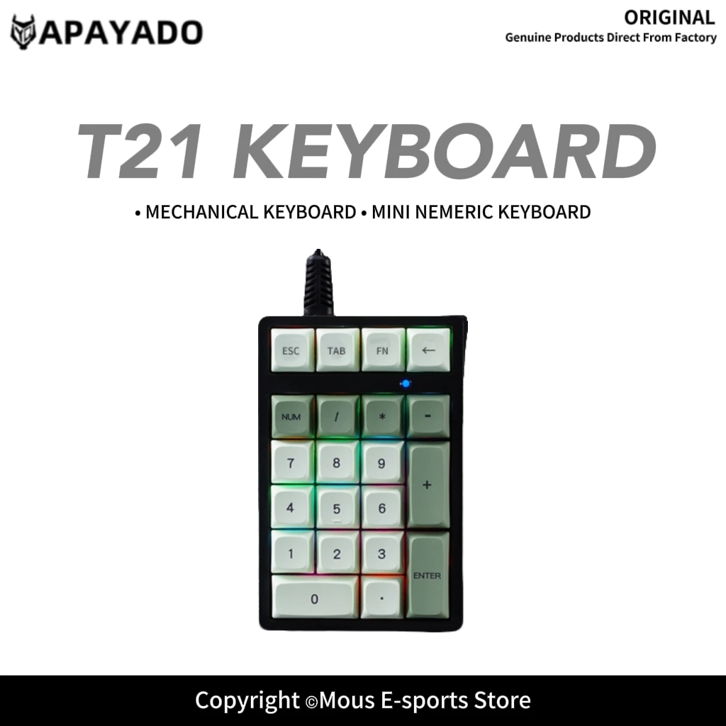 T21 APAYADO Wired Numeric Keypad Blue Switch PBT Double-Shot Keycaps Ultra-Compact Mechanical Numpad for Financial Workers