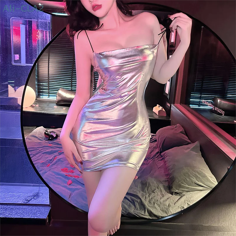 Sexy Shiny Nightclub Dress Women Spaghetti Strap Pajamas Wrapped Night Dress