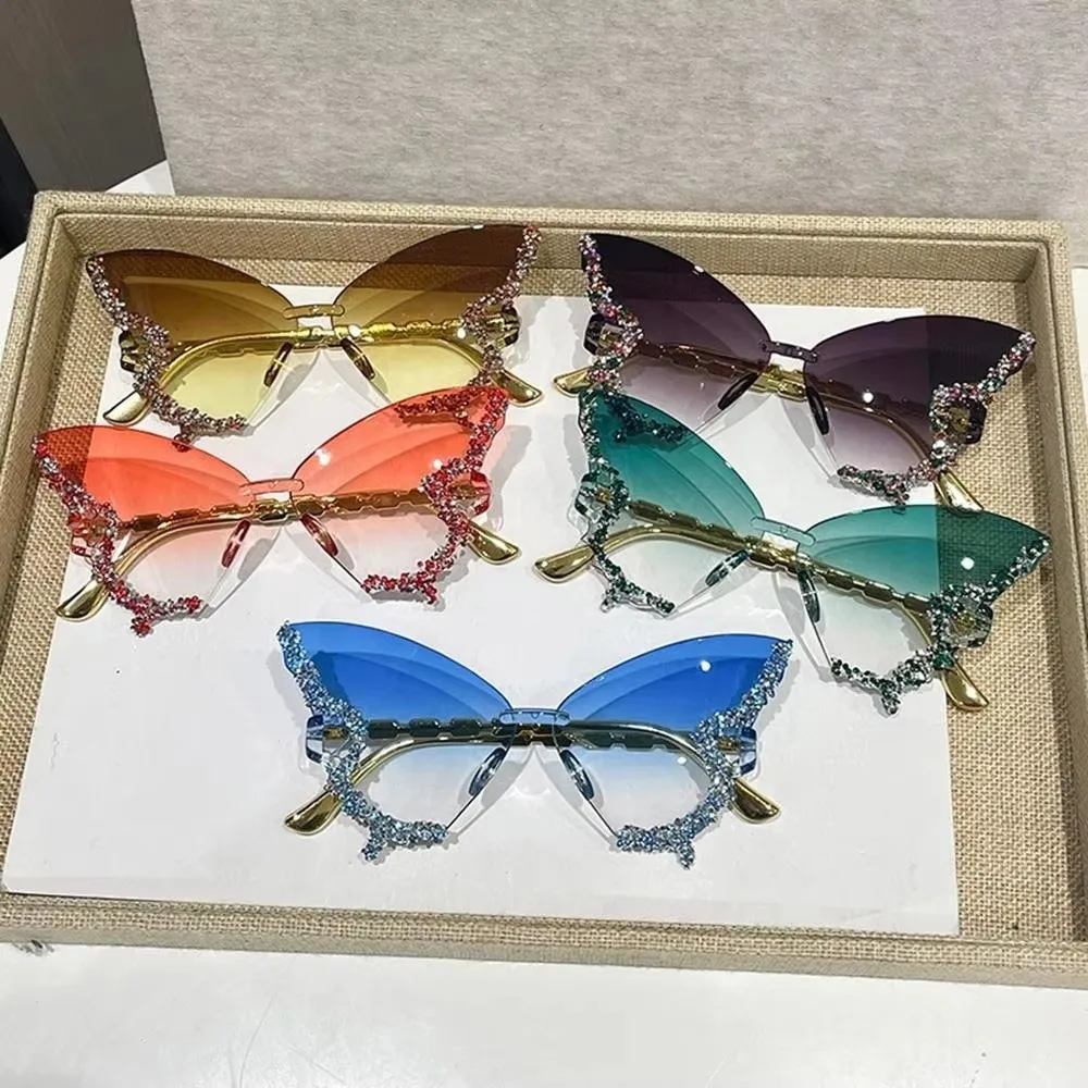 

Tint Color Butterfly Sunglasses Rimless Frame UV Protection Rimless Sun Glasses Flash Style Rhinestones Sunglasses for Women