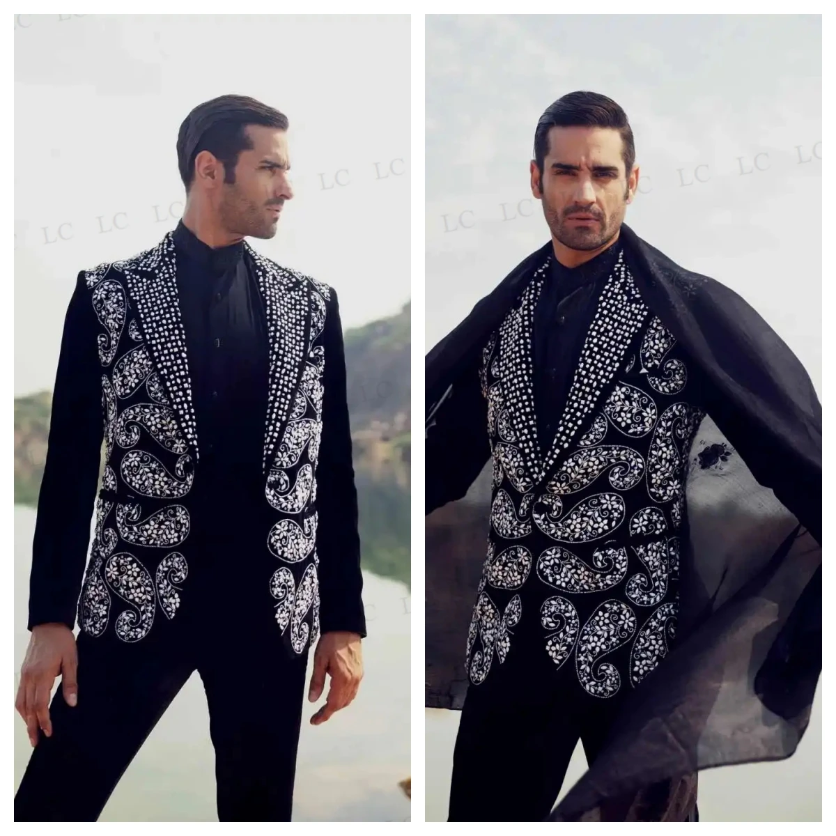 

Ручная работа с бриллиантами, комплект из 2 предметов, блейзер, брюки, мужские костюмы, смокинг на одной пуговице с бусинами, тонкий смокинг для свадьбы, жениха, выпускного вечера, большие размеры на заказ