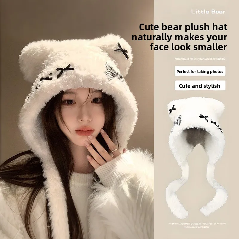 

Милая вязаная шапка-ушанка с узлом в виде медвежонка для женщин, осенне-зимняя, теплая, с защитой ушей, для коррекции формы лица, без козырька, в стиле слэш-шик