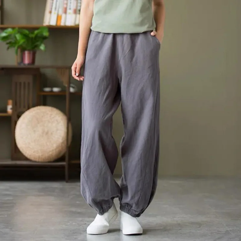 

Summer Cotton Linen Harem Pants for Women Solid Elastic Waist Loose Lantern Pants with Pockets Baggy Women's Capri Trousers