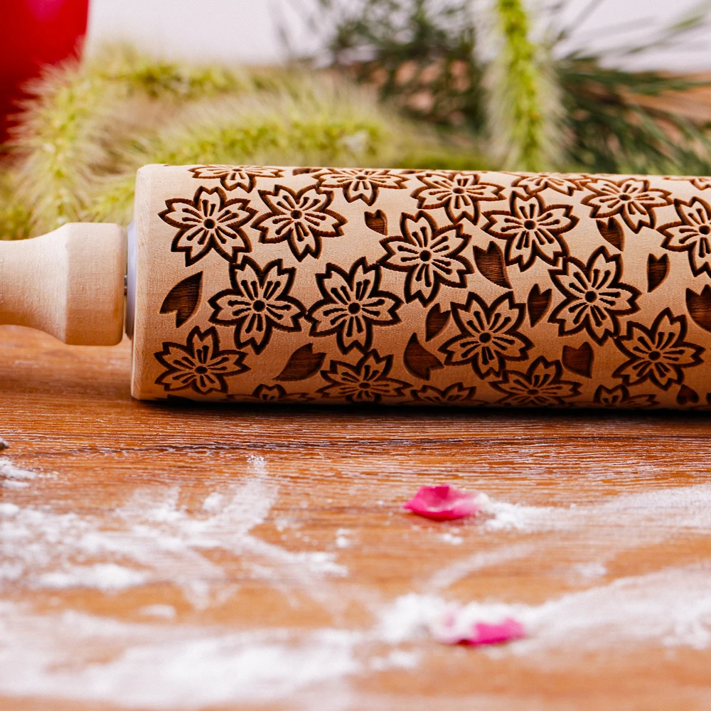 1pc 35cm Floral Pattern Wooden Embossed Rolling Pin Baking Tool Cookie Cake Mold Home Kitchen Decoration Christmas Holiday Gift