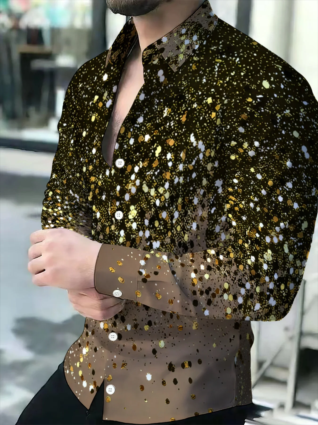 Men Long Sleeve Button‑Up Shirt Gradient Gold Silver Sequin‑Imitation Glitter Lapel Party Casual Tops