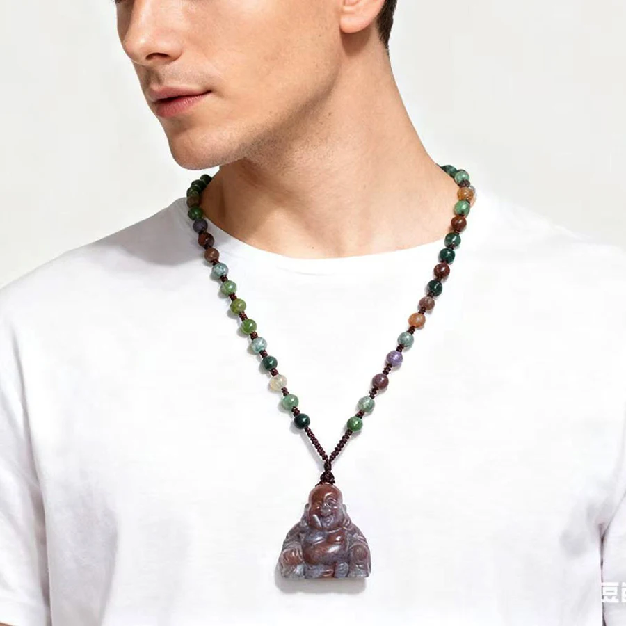 Unit One Piece Natural Ocean Jasper Gemstone Crystal Laugh Buddha Carving Necklace Pendant With Natural Agate Bead Chain