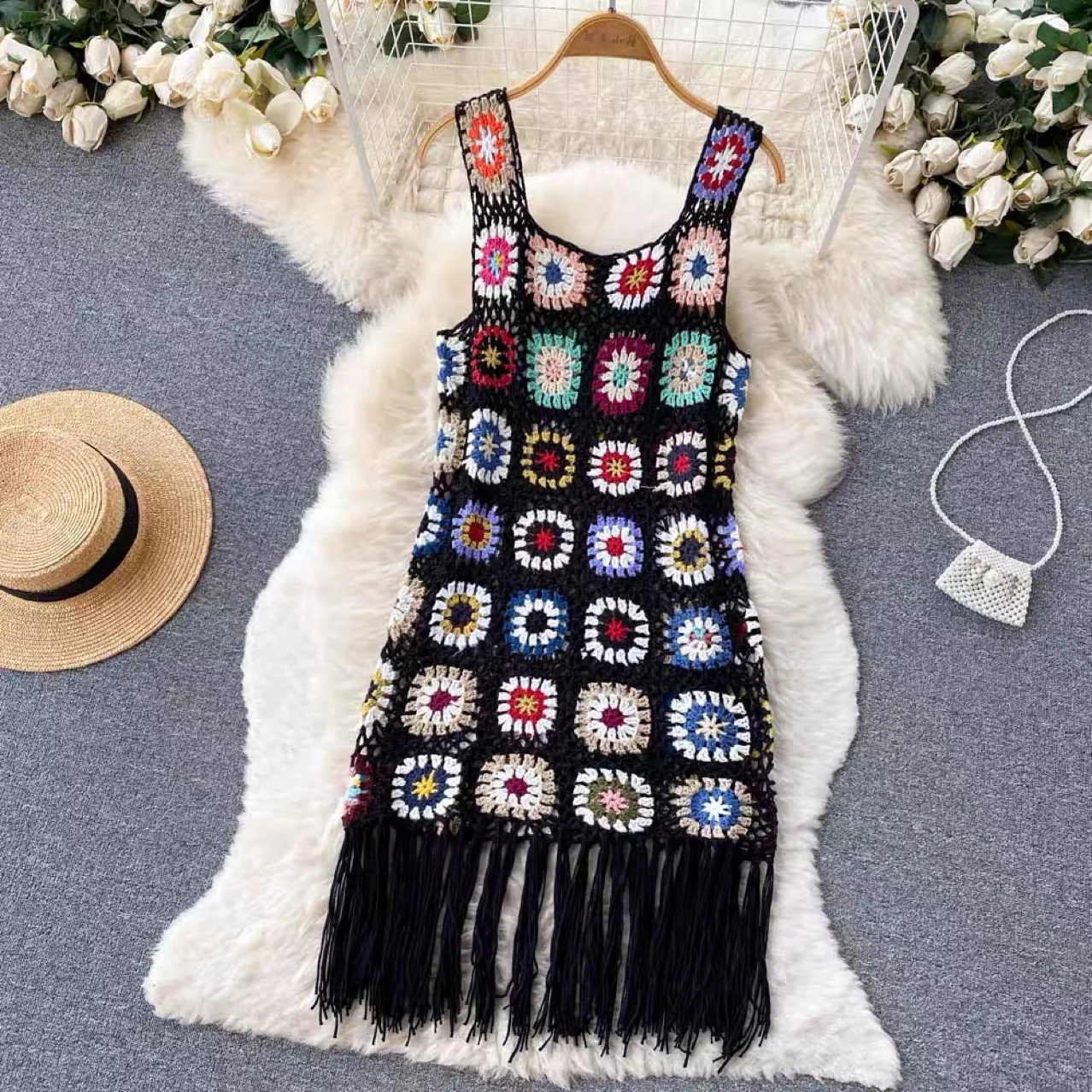 New Bohemian Hollowed-Out Fringe Vest Boho Dress Summer Women\'s Small Loose Knit Skirt