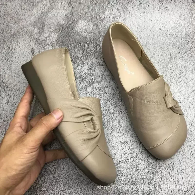 

2026 Spring and Autumn New Single Shoes Women's Comfortable Leather Shoes Cow Tendon Sole Non-slip Round Toe Flat Wo