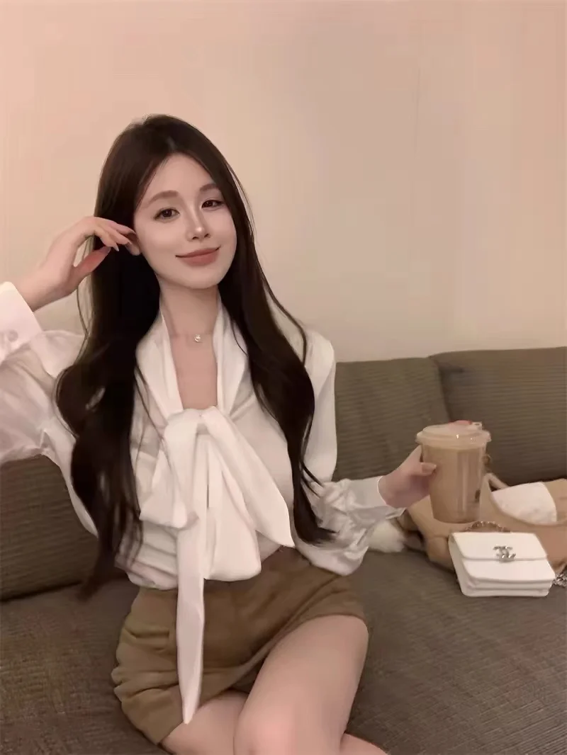 Raso di seta lungo Sve irt Donna Inizio autunno Bianco irt Design delicato Nodo Top Pad oulder Pendolarismo Sle Slim Fit