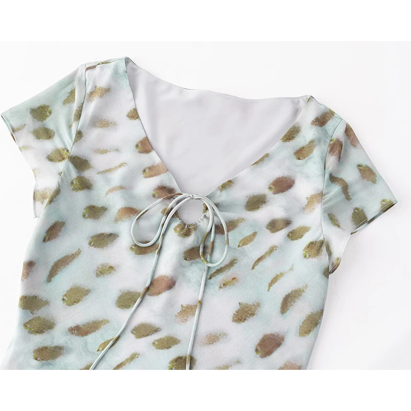 YENKYE 우아한 소녀 짧은 소매 V 넥 프린트 a 라인 미디 여름 드레스 세련된 레이디 홀리데이 가운 파티 드레스