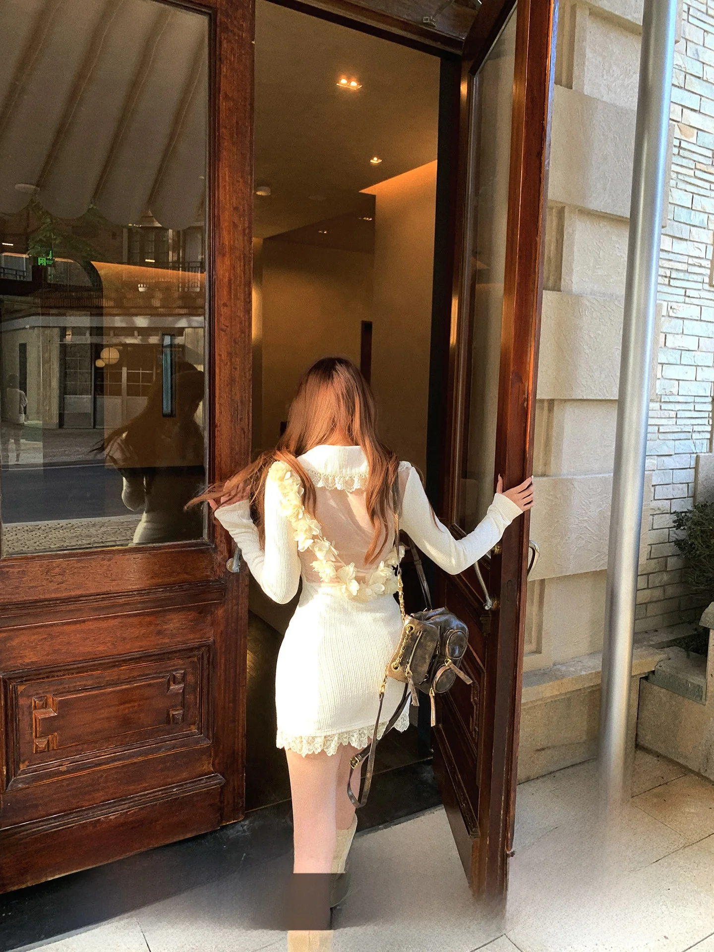 

Pinksoy Striped Long Sve Knitted Dr Women's Lace Trim Waist Cinching Slimming V-ne A-line Dr Casual Sle