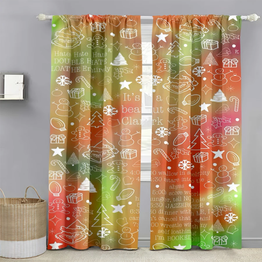2PCS Digital Print Christmas Curtains, Grinch Line Art Xmas Elements, Funky Retro Window Drapes for Holiday Home Decor