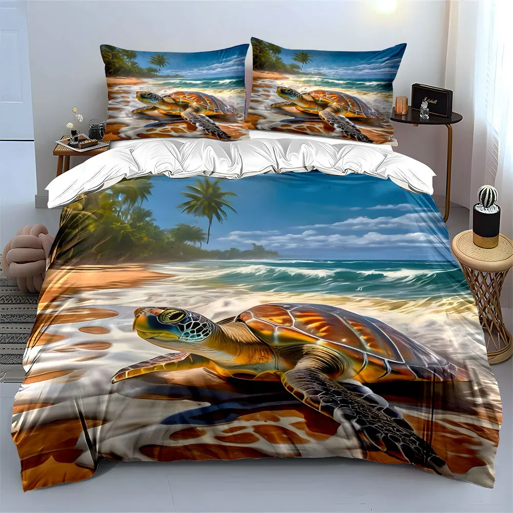 Lifelike Green Sea Turtle on Beach Print Bedding set 3PC 1 duvet cover 2 pillowcases adult and children bedding set Luxury
