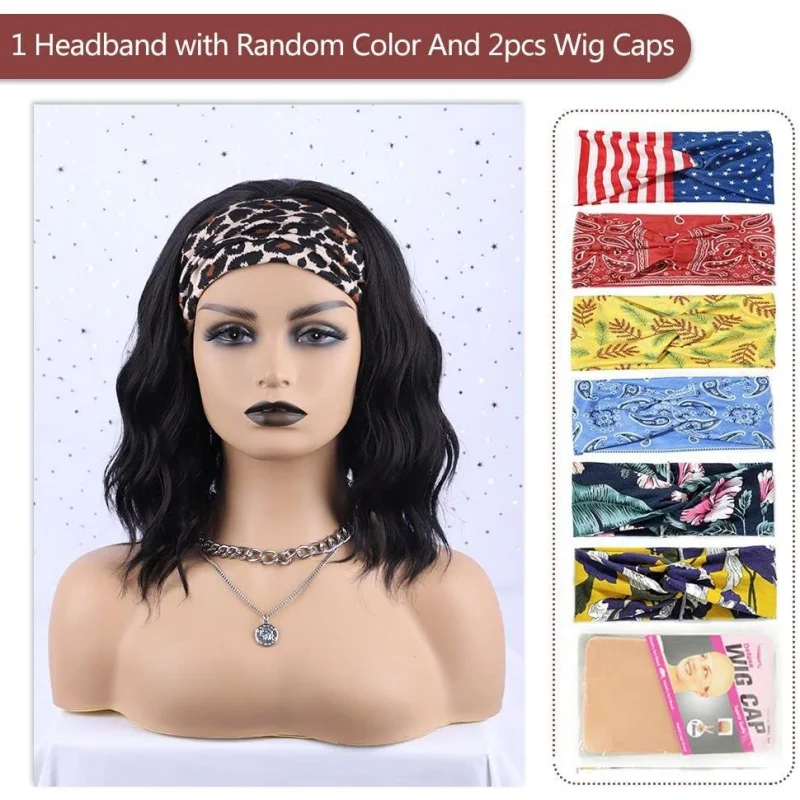 Women's Short Wavy Bob Wig with Headband, Black